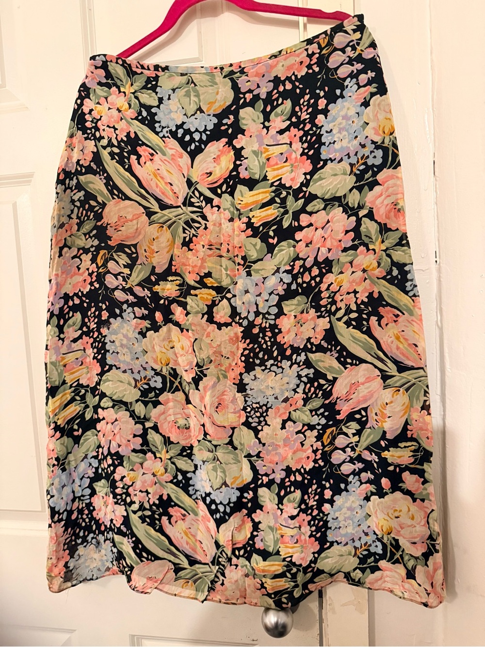 Vintage Floral Midi Skirt - Navy with Pink & Pastel Flowers